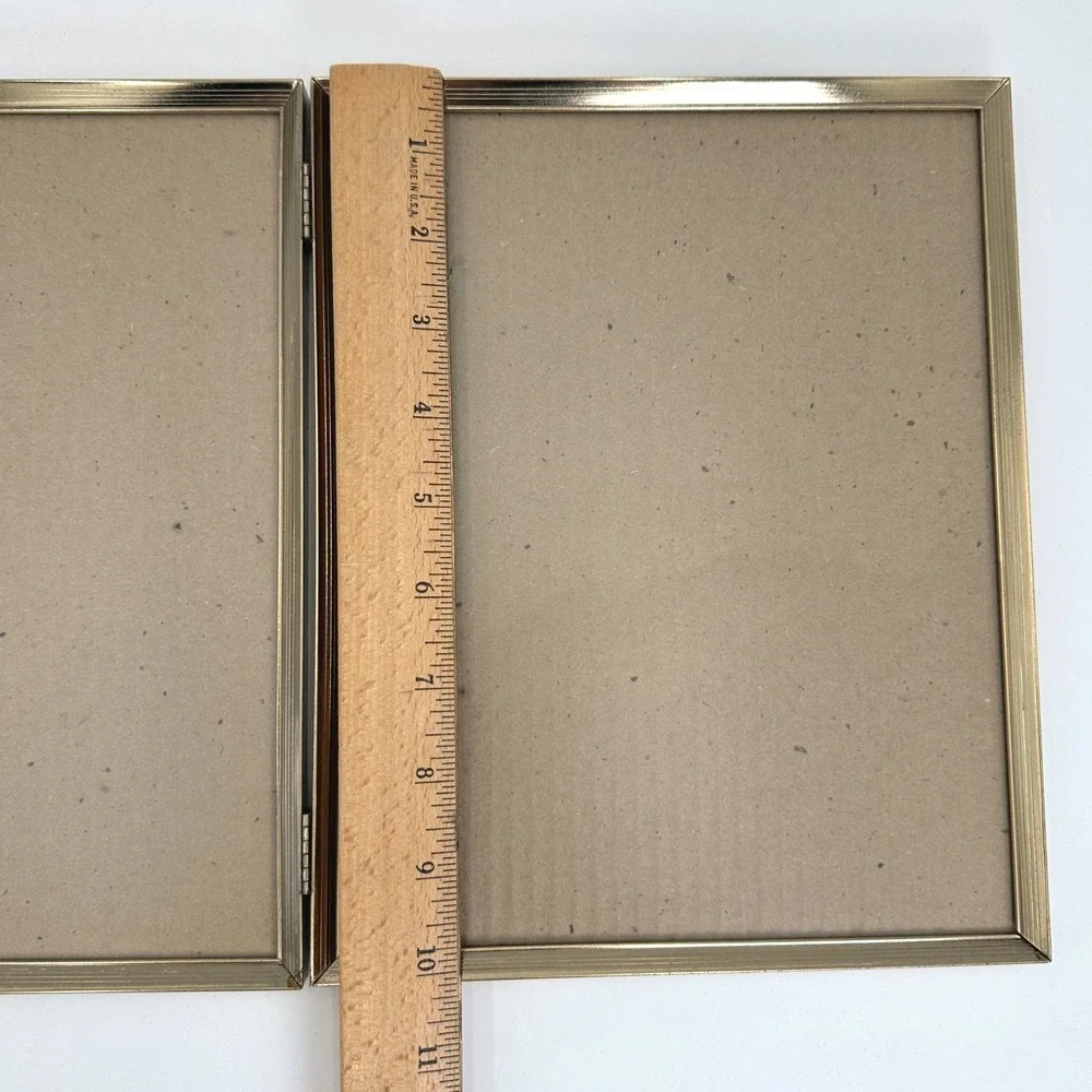 Vintage Hinged Double 8x10 Gold Brass Tone Metal Picture Frame Folding Tabletop